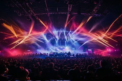 大型电音夜场舞台上DJ打碟，灯光秀与人群律动交织，展现喜爱夜蒲的核心娱乐体验
